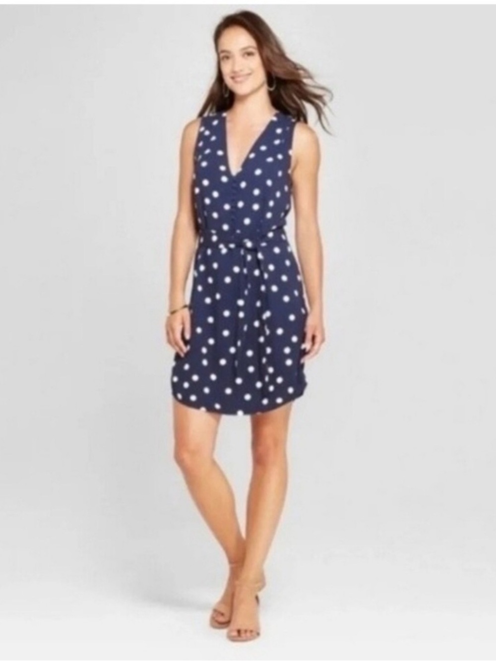 a new day Navy Blue Polka Dot Sleeveless Wrap Dress